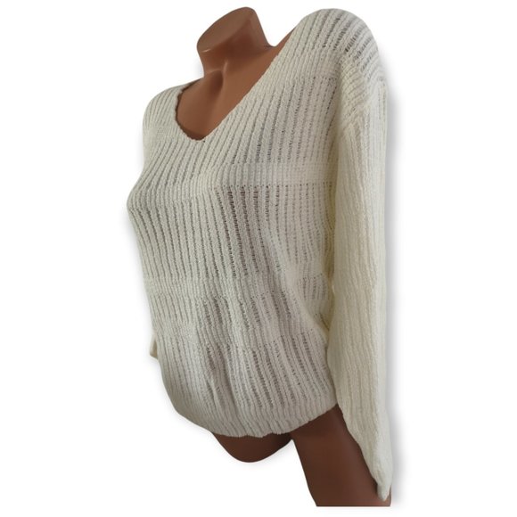 Long Sleeve V-Neck Open Knit Pullover Sweater off-white - Picture 12 of 12